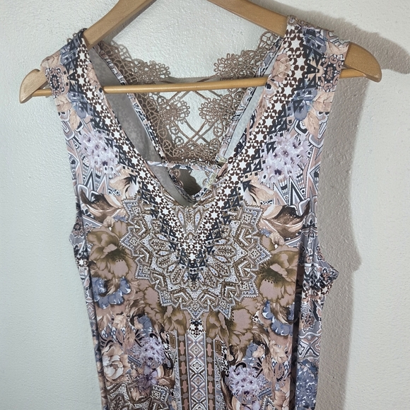 One World Womens XL Boho Maxi Dress Lace Back Crochet Floral Stretch - Picture 5 of 11